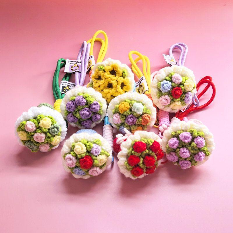 Finished Handmade Crochet Yarn, Woven Flower Bouquet, Keychain, Hand-held Flower Pendant, Rose, Mobile Phone Bag, Hanging Decoration