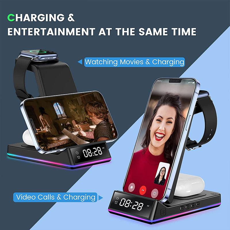 5 In 1 30W Foldable Wireless Charger Stand RGB Dock LED Clock Fast Charging Station for iPhone Samsung Galaxy Watch 5/4 S22 S21