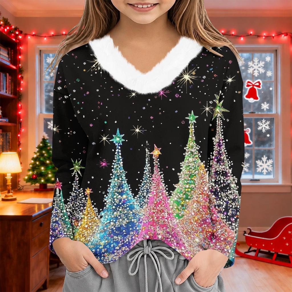 Girls' Winter V-Neck Christmas Print Base Layer Top