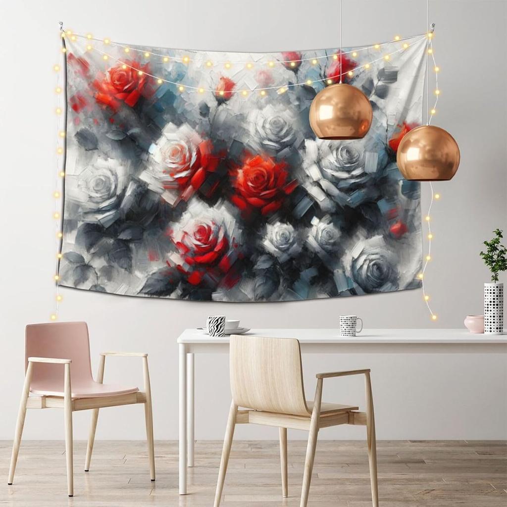 Florale Blume Wandteppich Aschgrauer Hintergrund Wandkunst Rosen Wandteppiche Pflanze Botanisch Natur Wandbehang Schwarz-Weiß Stil