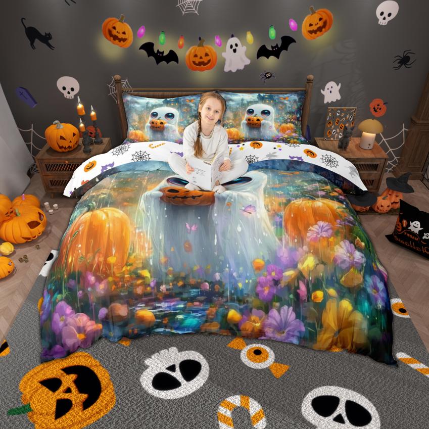 Homewish Cartoon Spooky Animal Duvet Cover Set Happy Halloween Theme Bedding Set Pumpkin Bat Ghost Quilt Cover Set Room Decor