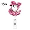 Clear Acrylic Retractable Badge Reel Halloween Ghost Reel, Glitter Holder Clip, Cute Pink for Collar or Bag ID Name Women Nurse Teacher Medical Office