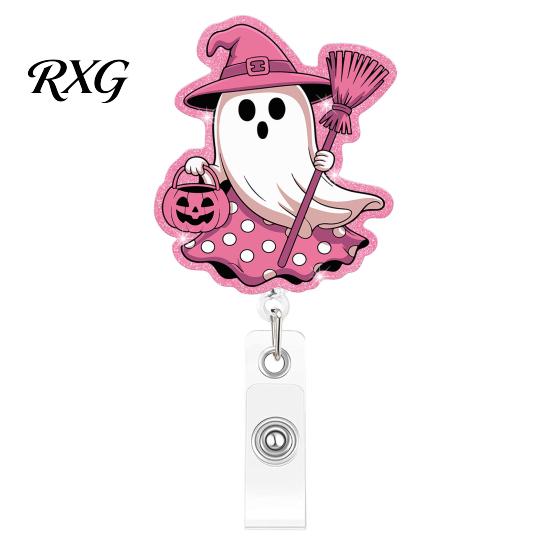 Clear Acrylic Retractable Badge Reel Halloween Ghost Reel, Glitter Holder Clip, Cute Pink for Collar or Bag ID Name Women Nurse Teacher Medical Office