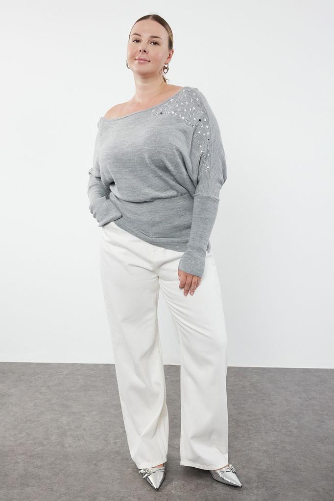 Women's Fashion Stylish Plus Size Sweater Gray Melange Low Shoulder Stone Knitwear Sweater