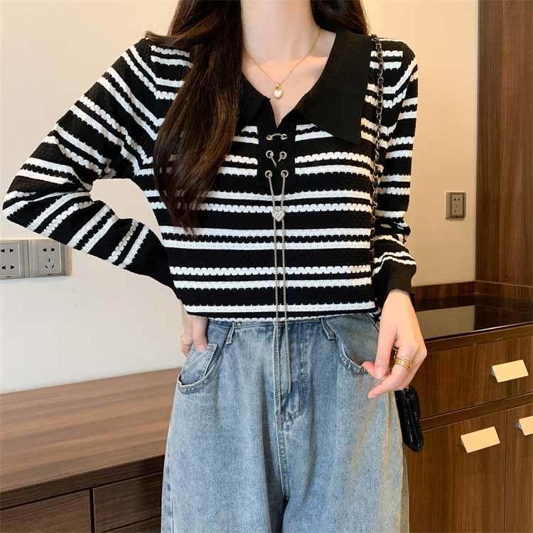 

POLO воротник цепь длинный рукав полосатый вязаный свитер женский осенний наряд новый облегающий короткий топ базовая рубашка женская одежда L