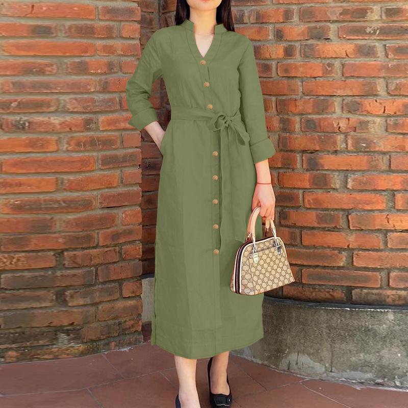 ZANZEA Lässiges, lockeres Kleid mit Stehkragen und langen Ärmeln für Damen