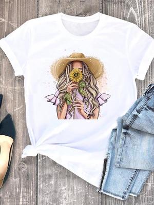 (Asian Size) Women Casual Cartoon Watercolor Trend Short Sleeve T Shirt Fashion Print Lady Female Graphic T-shirts Tee Top Clothing
