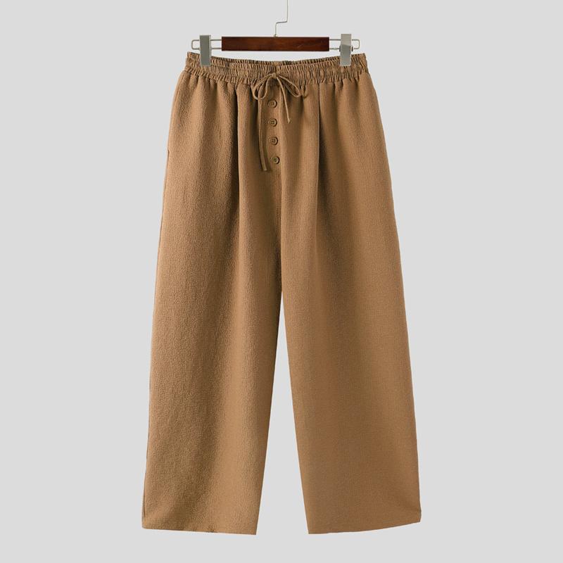 INCERUN Men Drawstring Elastic Waist Solid Texture Casual Long Straight Pants