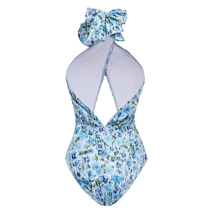 Women's Floral Halter Swimsuit with 3D Flower Details and Hollow Out Design