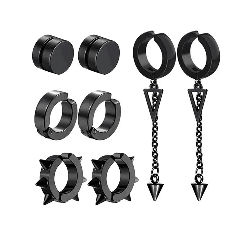 5 pairs of fashionable men's punk cross pendants stainless steel earless magnet earrings set