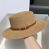 Straw Hat Wide Brim Flat Faux Leather Strap Top Design Metal Buckle Decor Sun Hat Beach