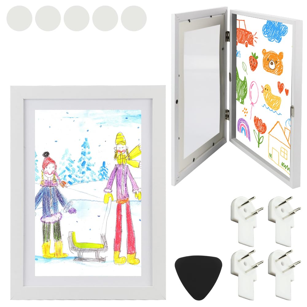 

EKUYU Display Frame, Wall-Mounted, A4 Art Panel, for Children s Drawings, Smooth Opening and Closing, Retractable Display (White)