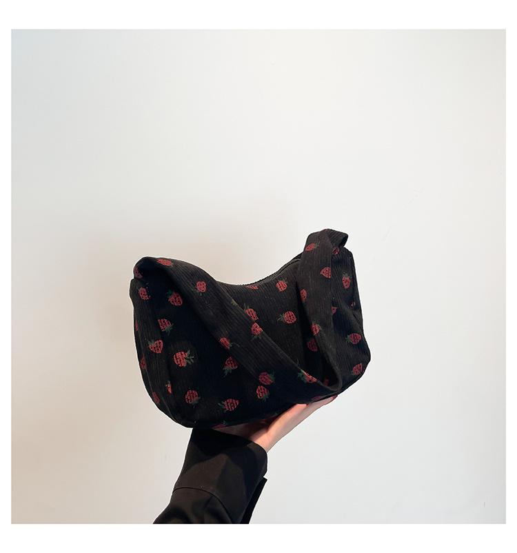 Korean-Style Strawberry Print Corduroy Handbag - 2025 Autumn Collection