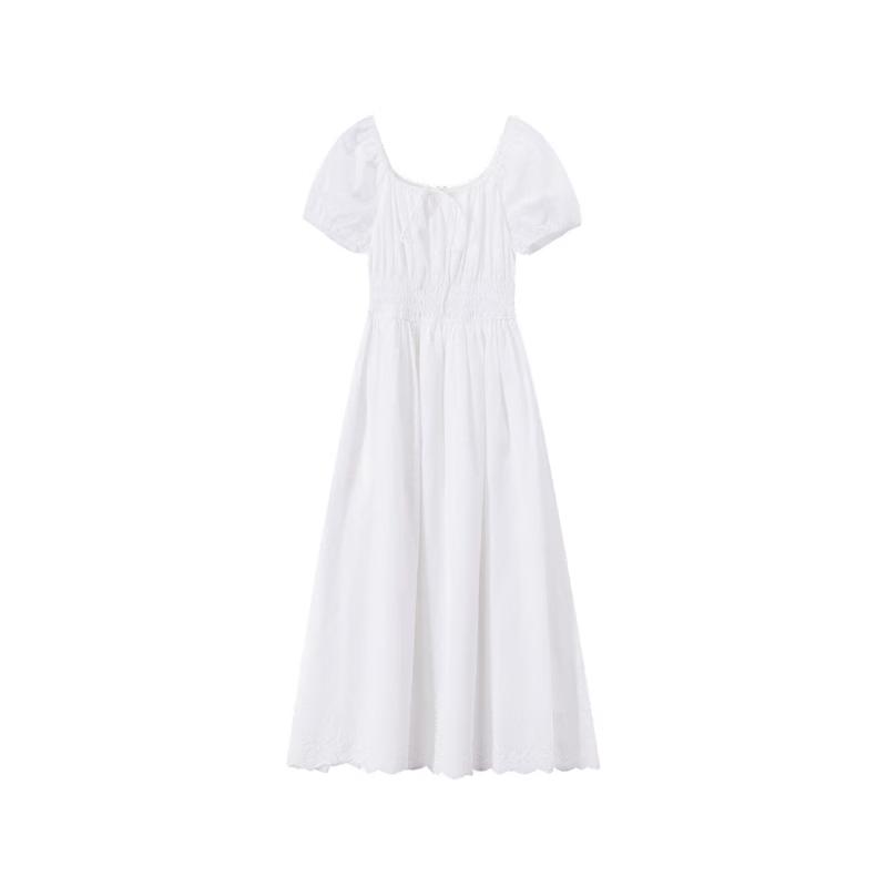 Elegant Jacquard Puff Sleeve Waist-Cinched Dress M