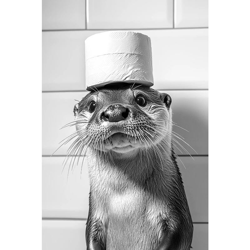 Black and White Cute Animal and Toilet Paper Poster Cat Hedgehog Sloth Canvas Painting Wall Art Bathroom Living Room Home Decor