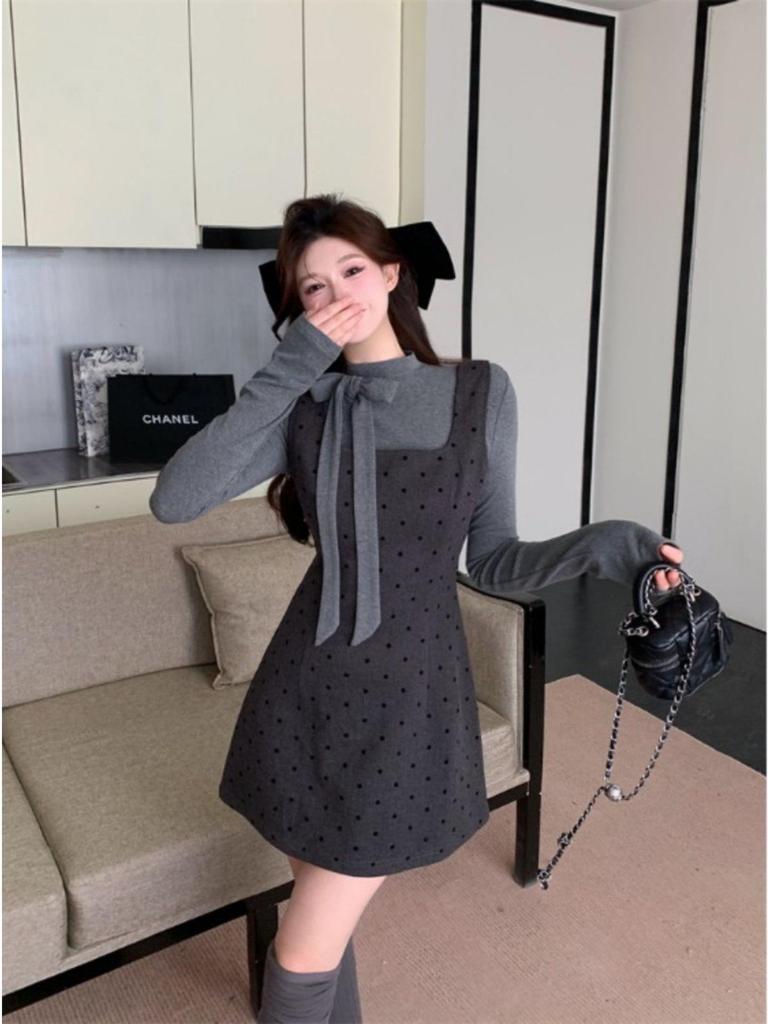 Women’s Slim-Fit Autumn Two-Piece: Long Sleeve Top & Polka Dot Dress