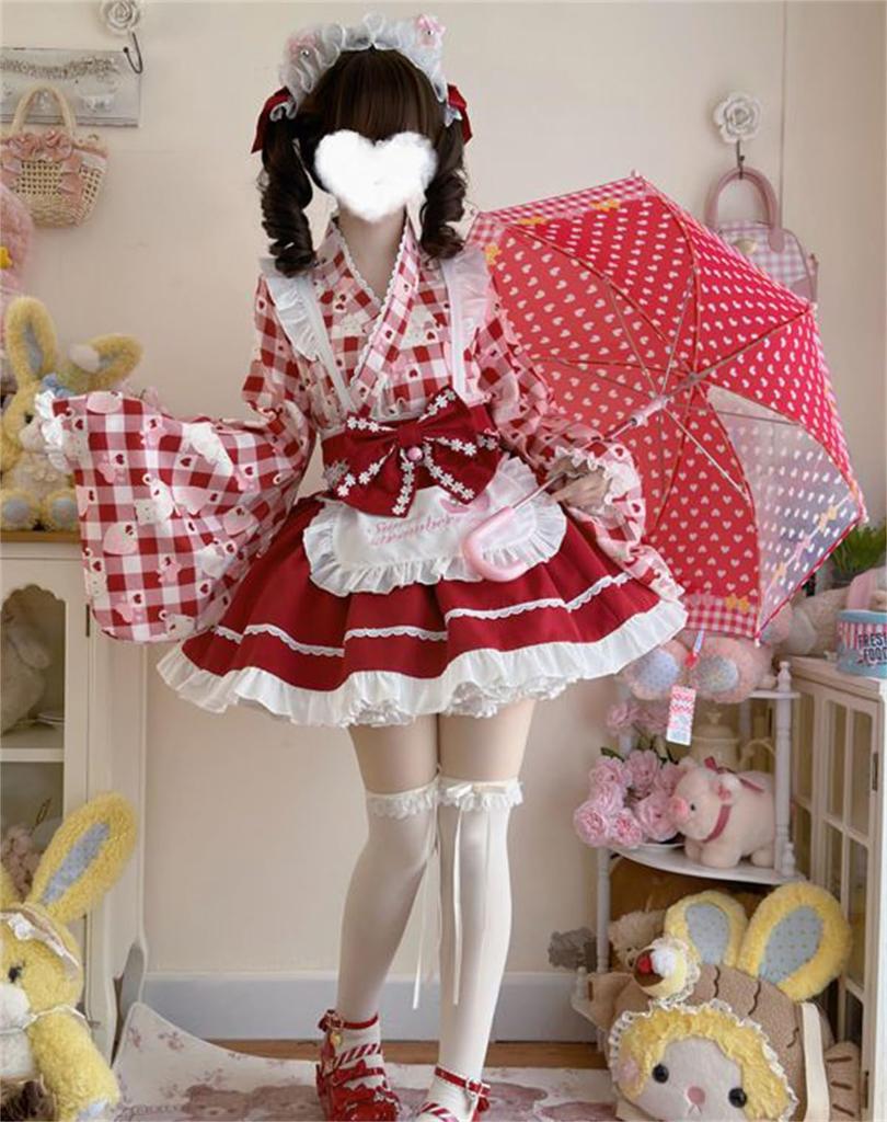 CAWILXHA Lolita Cosplay Princess Long Mori Dreamy Halloween Costume Red Dress, Costume, Red, Yellow, Purple, Sleeves, Sleeves, Girl, Cute, Apron,