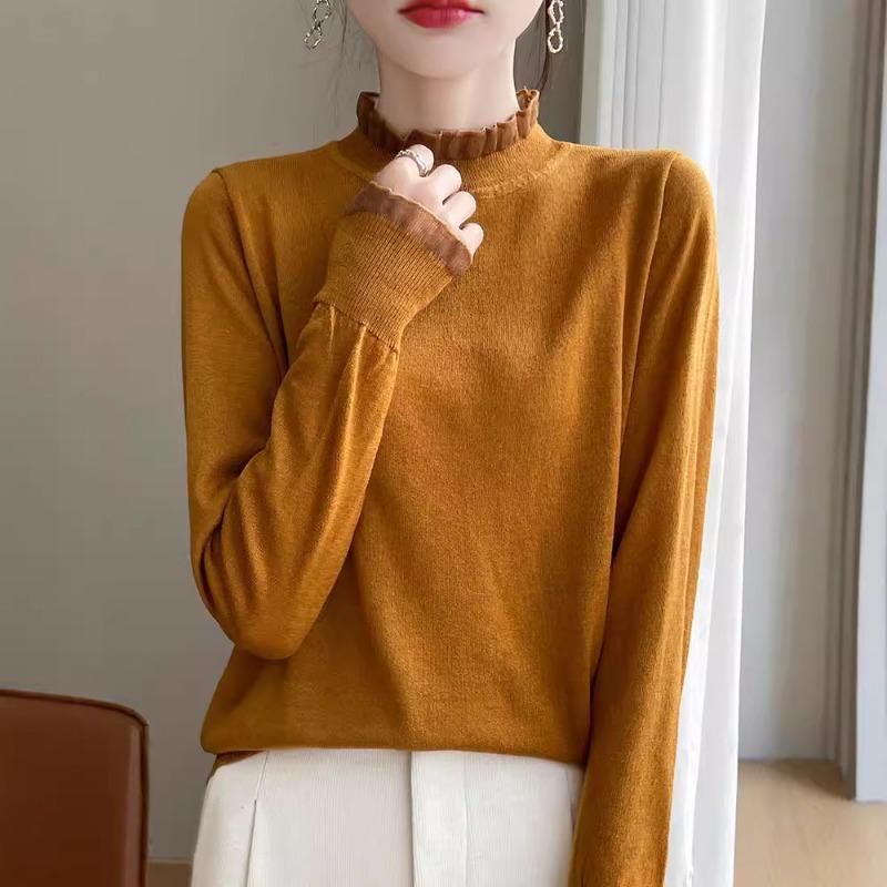 Semi-turtleneck fungus edge lace splicing knitted sweater women's autumn and winter new sweater inner and outer wear bottoming shirt thin