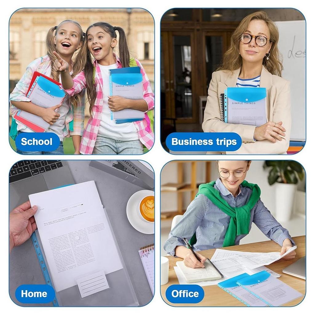 A4 Plastic Wallets, 12 Pack Expandable Document Files with Button for School, Office, Home, Travel