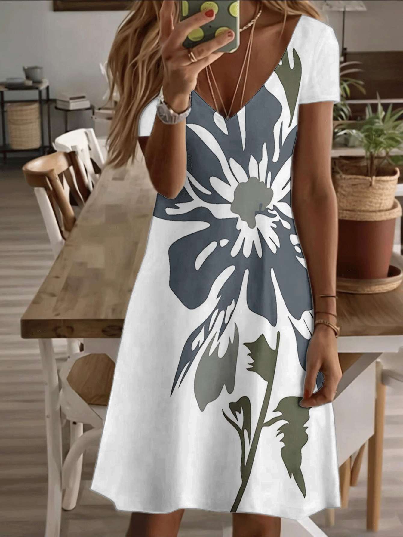 Vneck shortsleeve midi dress floral pattern women’s dress large flower print 3D premium printing durable casual fashion summer outfit elegant breathab 4XL дубильная кора