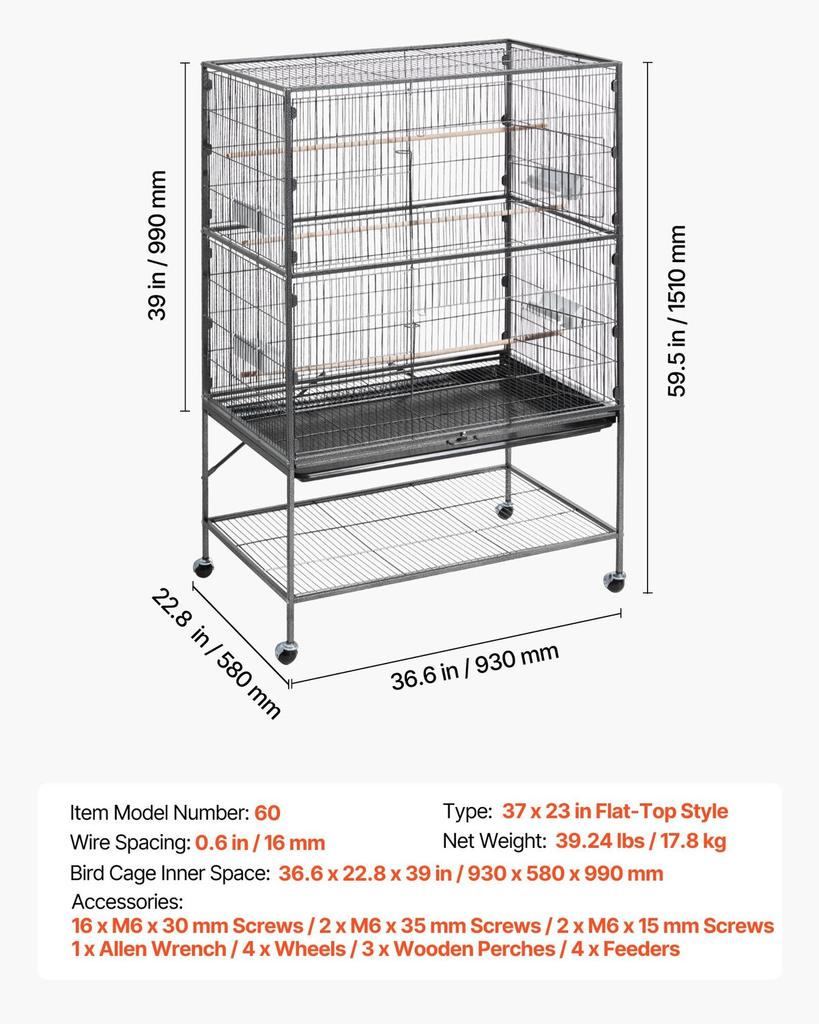 Bird Cage, 930 X 580 X 1510 Mm, Flat Top, Wrought Iron Bird Flight Cage with Perches, Slide-Out Tray and Plastic Feeders, for Blue Tit, Cockatiel,