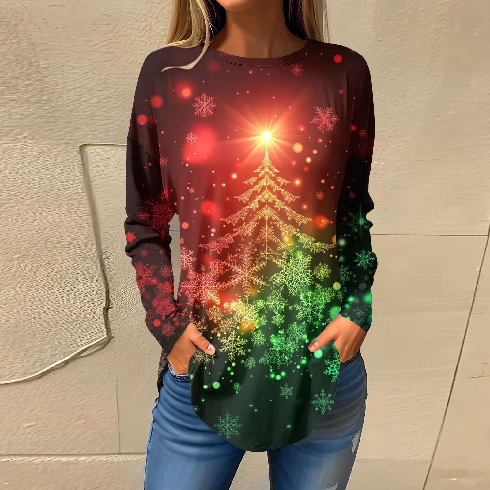 

Футболки для женщин, осенние повседневные рубашки с длинным рукавом, толстовки с винтажным графическим принтом, топы, пуловеры, рождественские XL винный