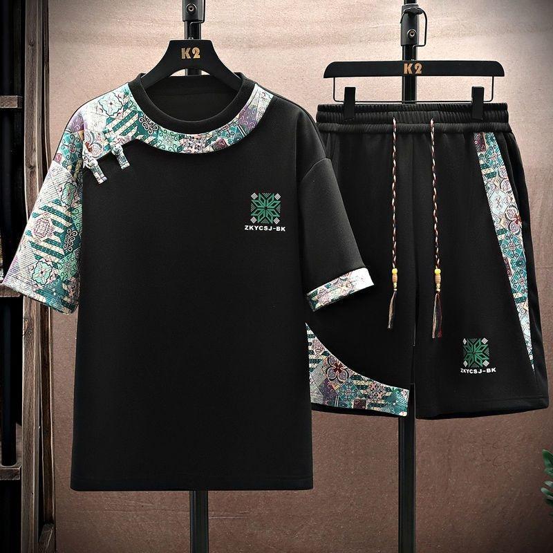 New Chinese Style Splicing Leisure Sports Suit Men's Summer Short Sleeved Shorts Loose Trendy Two-piece Set