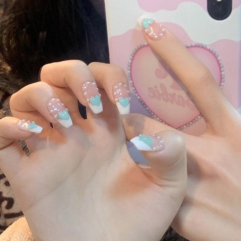 24pcs French False Nails Wave Design Fake Nails Summer Style Gradient False Nail Pink Purple Heart Flower Nail Art Tools