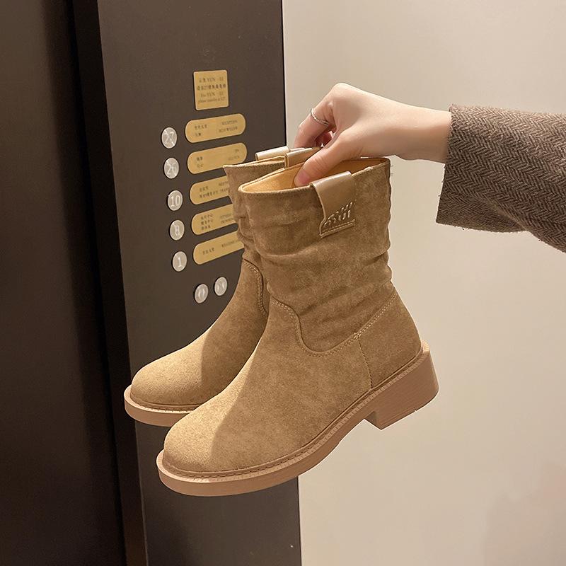 Fleece retro pleated suede Martin boots 2024 autumn and winter new small pile boots small short boots women