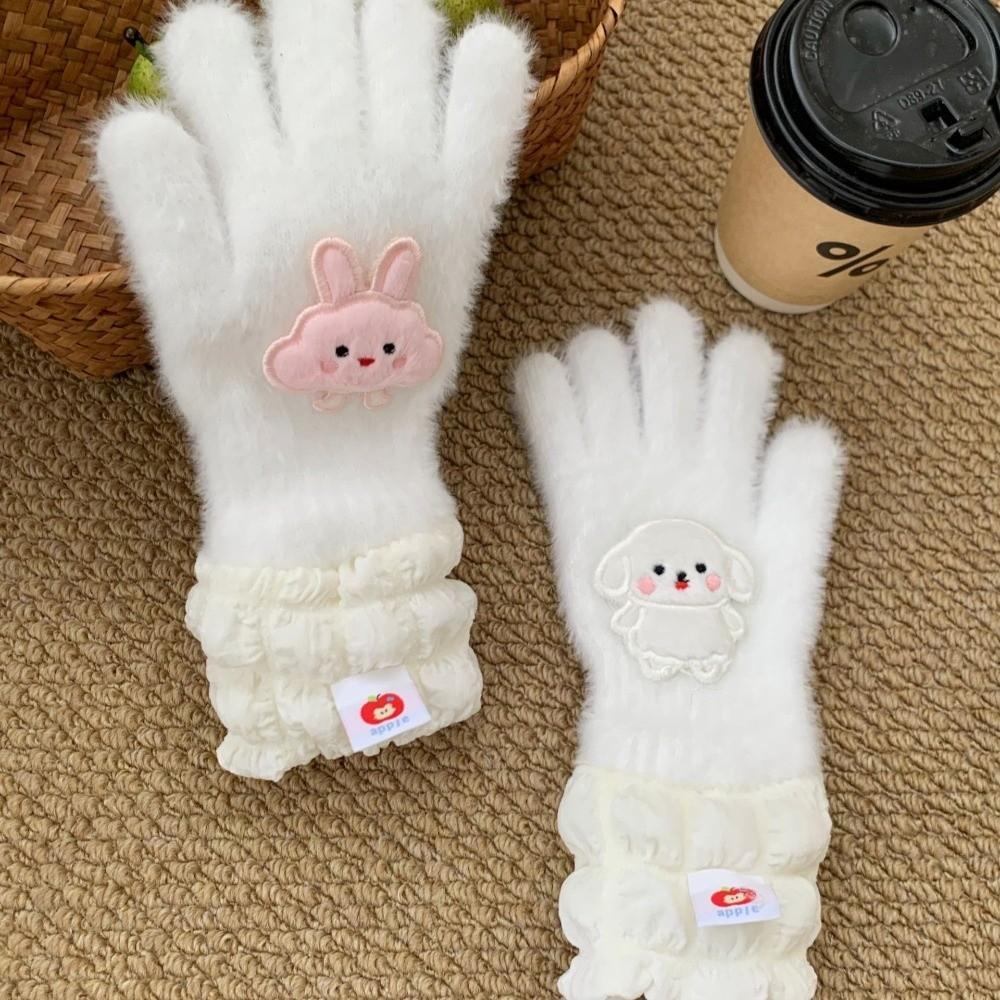 Star Bear Patch Design Full Finger Gloves Thick Plush Winter Gloves  Cold Weather