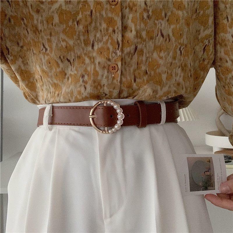 

New 2024 Vintage Pearl Buckle Womens Versatile Fashionable Decorative Denim Belt кофейный