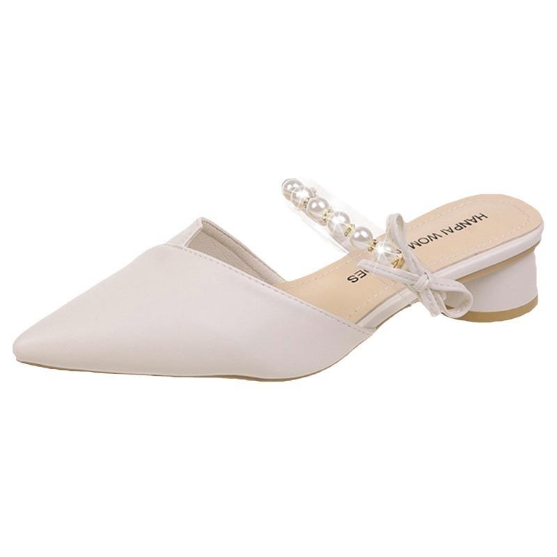 Baotou half slippers women's new summer wear pearl fashion thick heel small size sandals