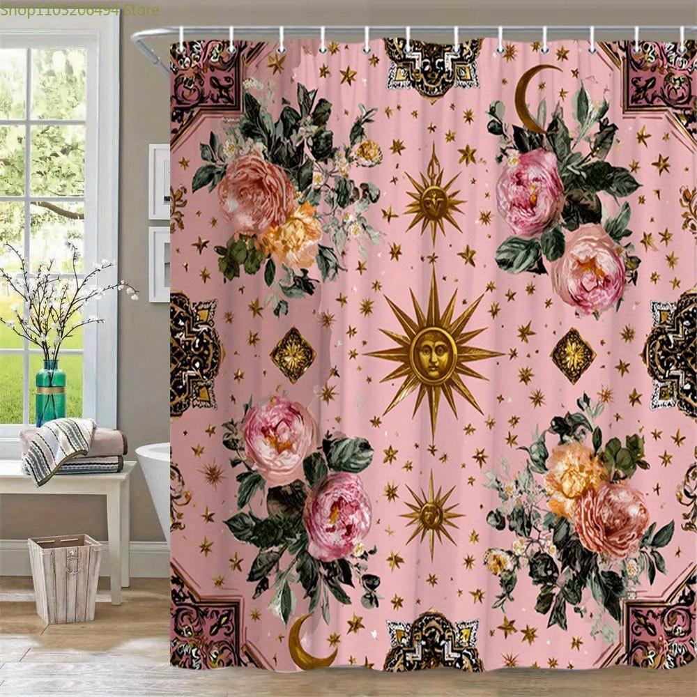 1pc Bohemian Floral & Botanical Shower Curtain with 12 Hooks - Pink Bath Curtain, Machine Washable, Full Coverage for bathtub,