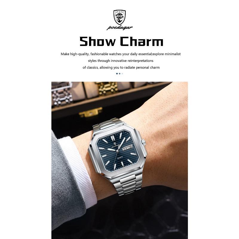 POEDAGAR Luxury Square Fashion Man Wristwatch Waterproof Luminous Date Week Quartz Watches Stainless Steel Watch