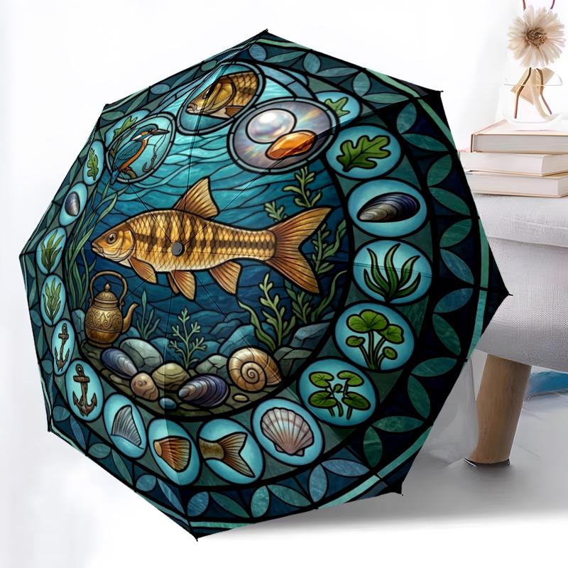 Marine Life Glass pattern umbrella, portable and foldable design, 8 ribs, a casual accessory for Halloween, Christmas, and birthday gifts.