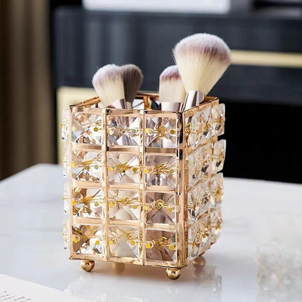 Metal+Crystal Pen Holder Desktop Organization Desktop Storage Bucket Luxury Makeup Brush Holder