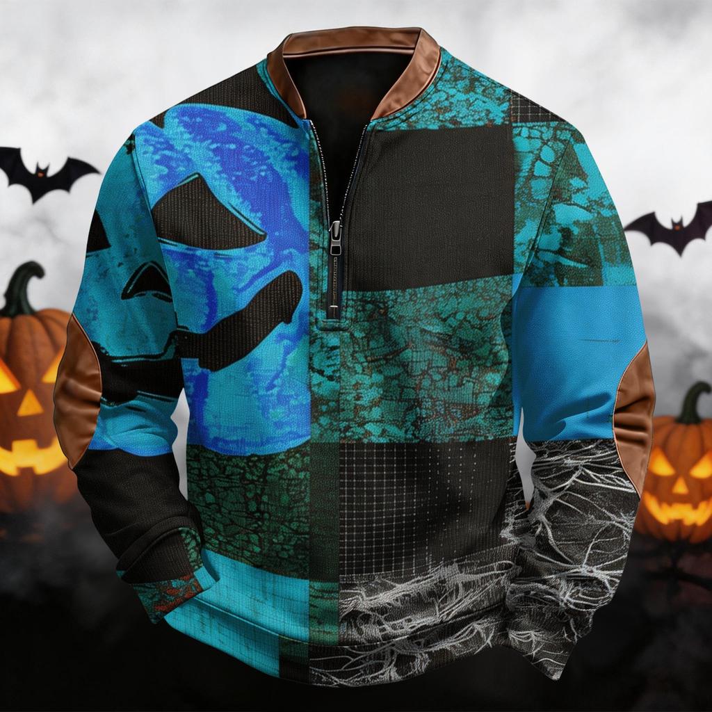 Men's Casual Retro Half Zip Long Sleeve Sweatshirt with Halloween Print