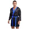 Mens Satin Hooded Cloak Shiny Trim Open Front Belt Boxing Robe
