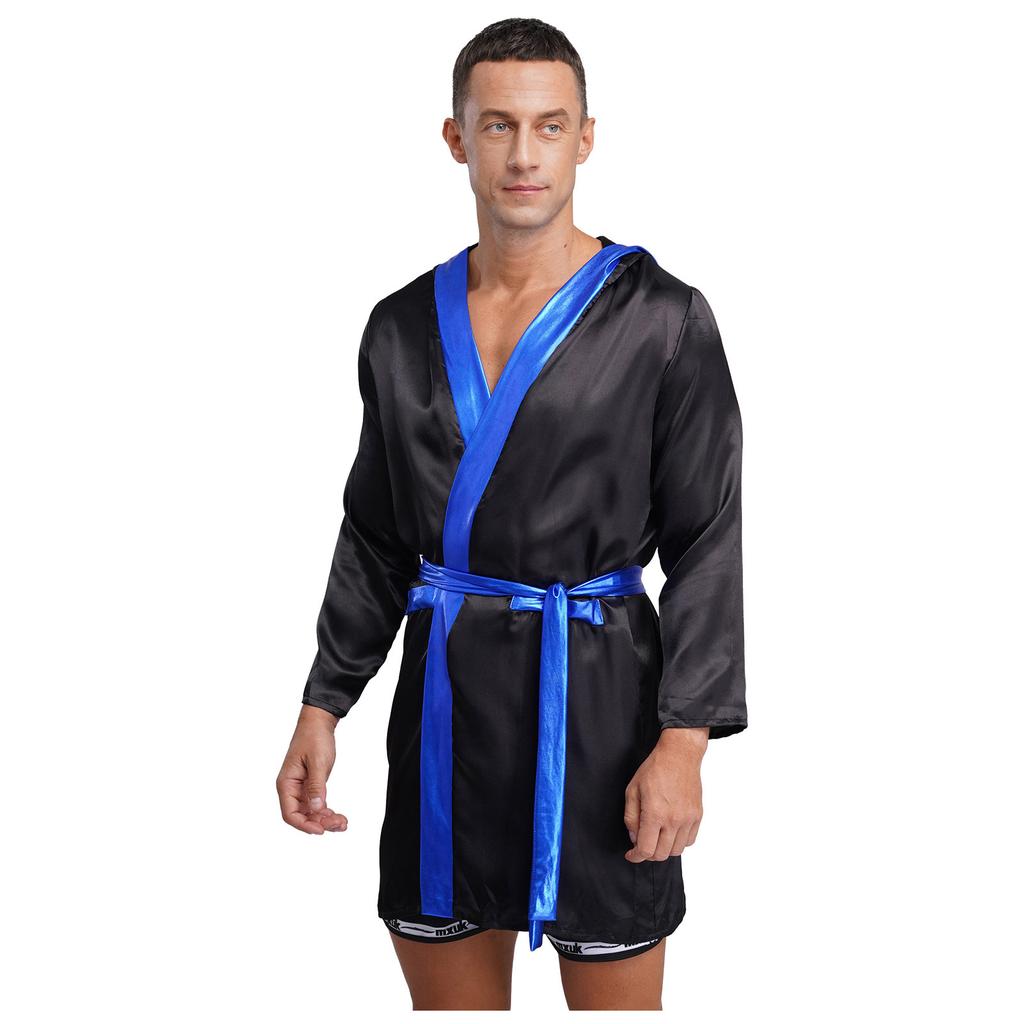 Mens Satin Hooded Cloak Shiny Trim Open Front Belt Boxing Robe