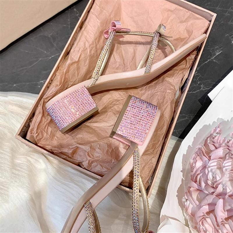 Fashion Luxury Crystal Glitter Bowknot Narrow band Women Slipper Sandals Comfor Square heeled Mules Slides Summer Female Daily Shoes