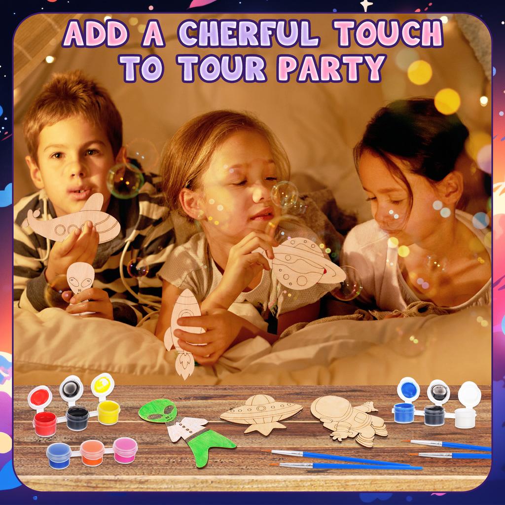12 Pcs Astronaut Space Birthday Theme Party Favors Wooden Painting Crafts Kits Bulk With Game Cards Paint Brushes Decorations Fo