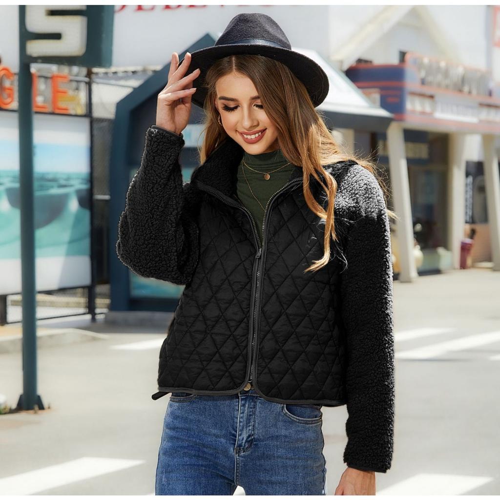 New Fuzzy Zip Up Cardigan Women's Fall Winter Jacket, Long Sleeve Plush Splicing Casual Outerwear, European American Style