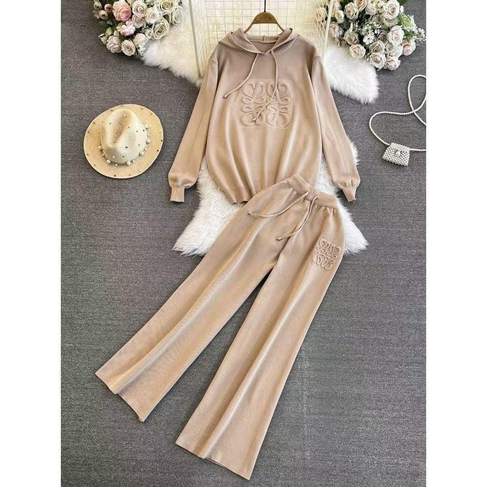 American 3D Heavy Industry Knit Hoodie & Wide-Leg Pants Set: Stylish, Simple Two-Piece
