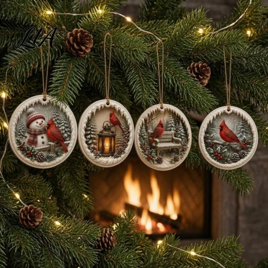 Winter Window Ornaments Acrylic Christmas Red Bird Ornament, Snow Scene Pattern Xmas Tree Lightweight Decor Hanging Decor, Retro Round Pendant