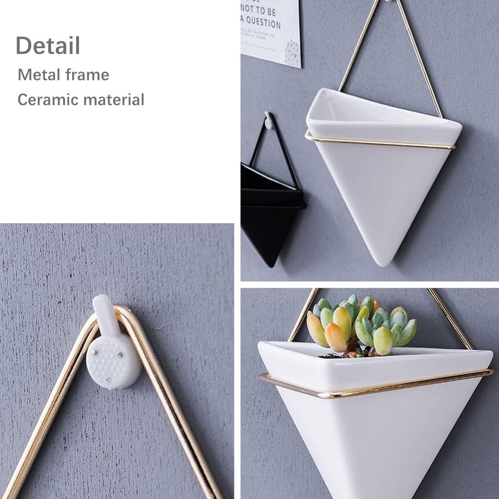 2-Pack Hanging Wall Planter White Ceramic Geometric Décor Vase for Succulent Cactus Fake Plants Flower Holder Wall Decor 5.9 Inch