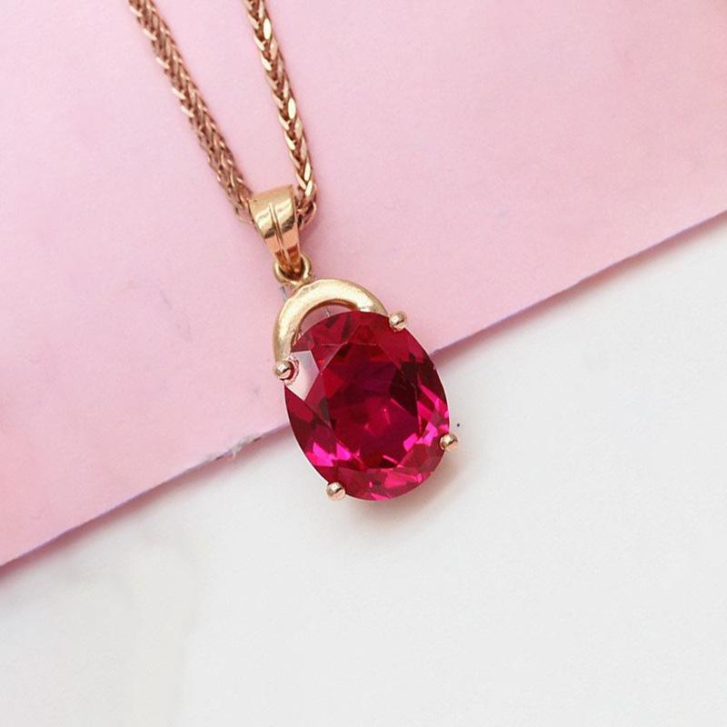 Exquisite Russian 585 Purple Gold Classic Red Stone Collarbone Chain Fashionable Rose Gold Plated Oval Women'S Pendant