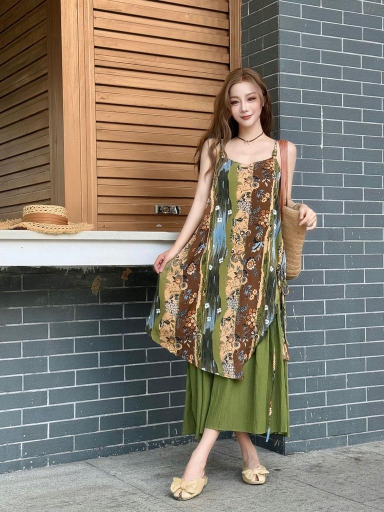 New Bohemian Sweet Flower Print Suspender Dress Women Yunnan Dali Vacation Ethnic Style