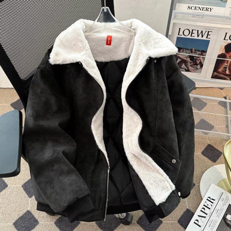 

Men s Trendy Korean-Style Lambswool-Leather Jacket with Lapel 2XL чорний
