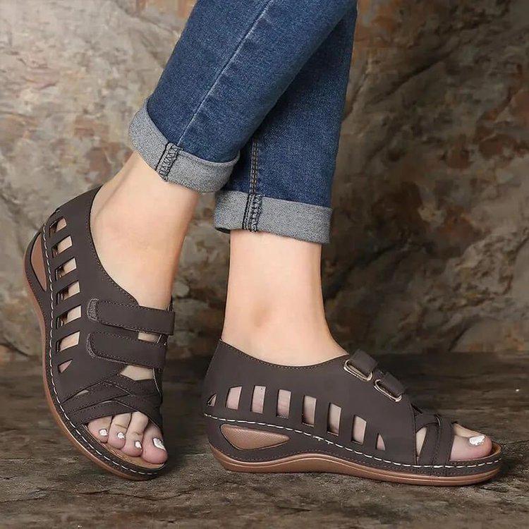 Foreign trade Roman sandals European and American new large size wedge heel fish mouth sandals women's hollow Velcro outer women's shoes