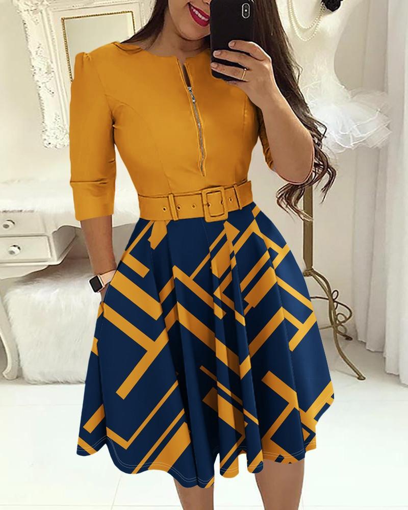 Women's Round Neck 3/4 Sleeve Geometric Print Midi Dress With Belt African Ethnic Office Swing Dress